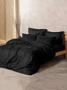 Set husa pilota + fata de perna, bumbac ranforce 100%, 135x200 cm + 80x80 cm, negru - Verificat A · Re-Bloom - Img 1
