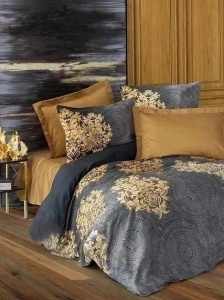 Set husa pilota + fata de perna, satin bumbac 100%, 135x200 cm + 80x80 cm, gri/auriu - Verificat A · Re-Bloom