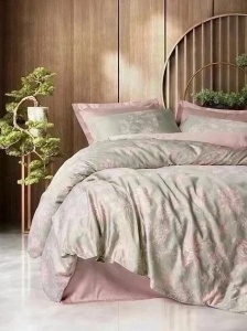 Set husa pilota + fata de perna, satin bumbac 100%, 135x200 cm + 80x80 cm, roz/gri - Verificat A · Re-Bloom