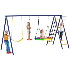 Set leagan de gradina 6in1 pentru copii, otel/PE/PP, 350x183x200 cm, leagan cuib Ø100cm + leagan centura + plasa catarare 220x50cm + leagan franghie + cos baschet Ø38cm, capacitate 40kg/scaun 160kg total, varsta 3-8 ani, certificat EN71, 4 tarusi inclusi,
