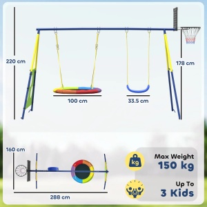 Set leagan gradina 4in1 copii, 2 leagane, cos baschet, poarta fotbal, 288x160x220cm, Multicolor - Verificat A · Re-Bloom - Img 3