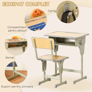 Set masa si scaun copii reglabil Re-Bloom, PP/MDF/otel, masa 60x40x58-76 cm + scaun 40x36x70-78 cm, varsta 6-12 ani, 100/150 kg, lemn natur - Verificat A · Re-Bloom - Img 5