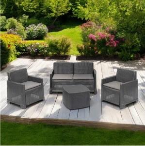 Set mobilier gradina/terasa, Progarden, COMO, 4 piese, polipropilena, antracit, canapea 2 locuri 129x66x74 cm, 2 scaune 72x66x74 cm, masa 53x53x40 cm, cu perne incluse, Resigilat, Grad B