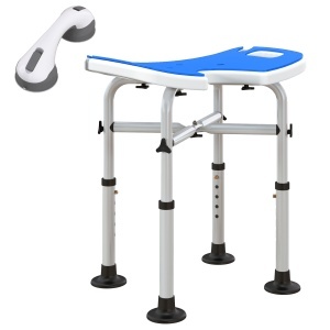 Set scaun de dus reglabil Re-Bloom, pentru varstnici/persoane cu dizabilitati si un maner cu ventuza, aluminiu/HDPE/EVA, gri/albastru inchis/argintiu, 48,5 x 33 x 39-51,5 cm, Resigilat, Grad A