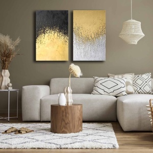 Set tablou decorativ Re-Bloom, 2 piese, panza/lemn, alb/auriu/negru, 45 x 70 cm - Img 4