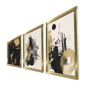 Set tablou decorativ Re-Bloom, 3 piese, lemn masiv/MDF, alb/negru/auriu, 38 x 53 x 3,5 cm - Img 3