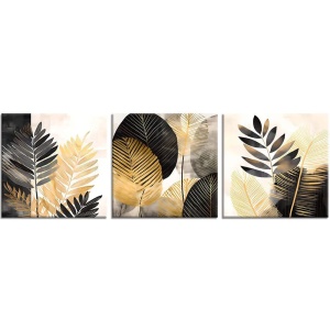 Set tablou decorativ Re-Bloom, 3 piese, lemn/panza, negru/auriu, 30 x 30 cm