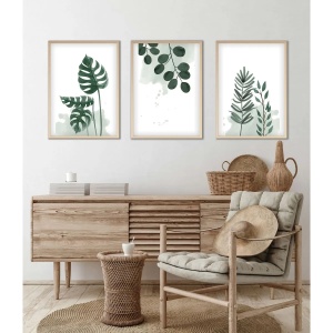 Set tablou decorativ Re-Bloom, 3 piese, MDF/lemn masiv, alb/verde, 50 x 70 cm - Img 3