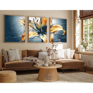 Set tablou decorativ Re-Bloom, 3 piese, model crin, MDF/lemn masiv, albastru/auriu, 50 x 70 cm - Img 2