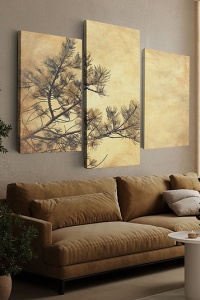 Set tablou decorativ Re-Bloom, 3 piese, model ramuri de copac, panza/lemn, auriu/negru