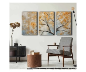 Set tablou decorativ Re-Bloom, 3 piese (Triptic), lemn masiv & pânză bumbac, gri/galben-auriu, 145 × 70 cm (Verificat Grad A) - Img 4
