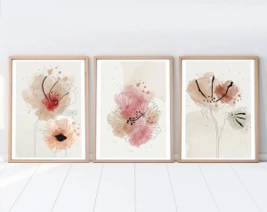 Set tablouri decorative Re-Bloom, 3 piese, model floral, lemn, multicolor, 50 x 35 cm