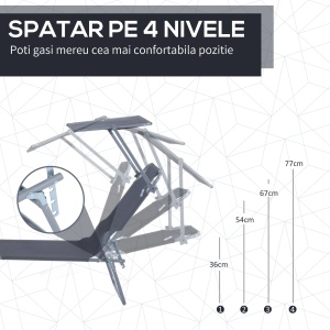 Sezlong cu parasolar, pliabil, panza Oxford/otel, gri, 187 x 58 x 50 cm, Resigilat, Grad A - Img 2