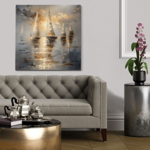Tablou decorativ canvas model barci cu panze, 100x100 cm, panza/lemn, albastru/auriu - Verificat A · Re-Bloom - Img 3