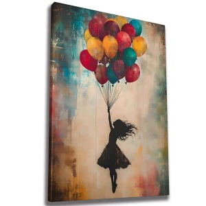 Tablou decorativ canvas model fetita cu baloane, 70x100 cm, panza/lemn, multicolor - Verificat A · Re-Bloom