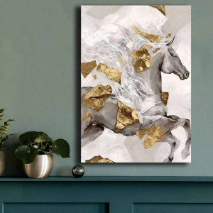 Tablou decorativ Re-Bloom, model cal, panza/lemn, gri/auriu/alb, 70 x 100 cm - Img 5
