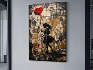 Tablou decorativ Re-Bloom, model Femeie cu un trandafir gigant, panza/lemn, multicolor, 60 x 90 cm - Img 3
