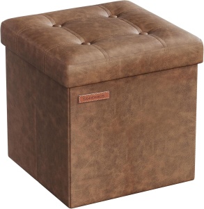 Taburet cu spatiu de depozitare Songmics, MDF/piele PU, maro, 38 x 38 x 38 cm, Resigilat, Grad A