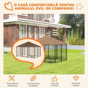 Tarc pentru caini, otel/material Oxford, 211x141x151 cm, suprafata 2.8m², usa 62x95cm, 2 boluri inox Ø18x5.5cm incluse, negru/maro - Verificat A · Re-Bloom - Img 5