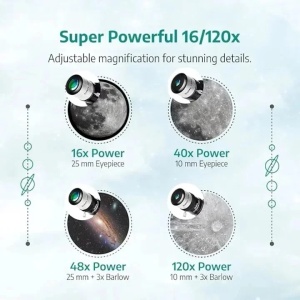 Telescop astronomic 40070, cu marire de 16x-120x pentru copii si adulti, include 2 oculare, lentile Barlow 3x, trepied, adaptor pentru telefon, Resigilat, Grad A - Img 2