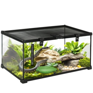 Terariu pentru reptile, cu incuietoare si usa pentru hranire, sticla/plasa metalica, negru, 50 x 30 x 25 cm, Resigilat, Grad A