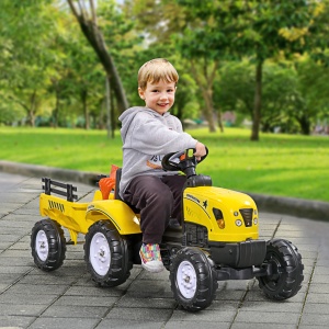 Tractor de pedalat pentru copii cu remorca, metal/plastic, 133x42x51 cm, scaun 18.5x20cm/28cm inaltime, capacitate 35kg, varsta 3+ ani, grebla + lopata + claxon incluse, galben/negru - Verificat A · Re-Bloom - Img 2