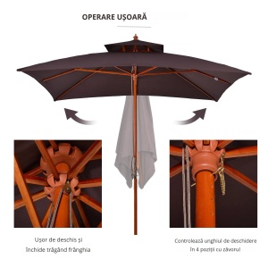 Umbrela de gradina 3x3m, bambus/lemn teak/poliester, 300x300x297 cm, catarg Ø48mm, 8 lamele bambus, 2 niveluri, 12kg, sistem deschidere cu coarda, teak/maro - Verificat A · Re-Bloom - Img 5