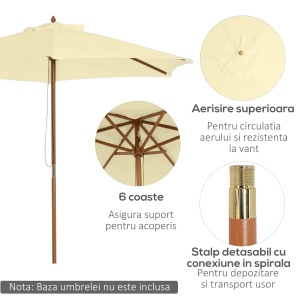 Umbrela de gradina patrata Re-Bloom, poliester 180g/lemn, diametru 250 cm, inaltime 245 cm, suport 38mm, 6 kg, crem - Verificat A · Re-Bloom - Img 6