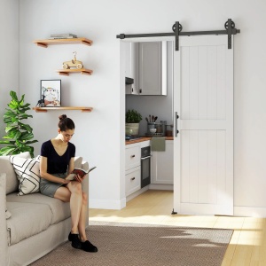 Usa glisanta stil country, sina si maner lemn/otel, MDF, 71.5x213.4cm, Alb/Negru - Verificat A · Re-Bloom - Img 2
