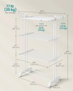 Uscator pentru rufe Songmics, pliabil, plastic/otel inoxidabil, alb, 76 x 49 x 173 cm, Resigilat, Grad A - Img 2