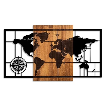Wallxpert decor de perete model World Map 121x70 cm, lemn 3cm si metal 1.5mm, nuc si negru - Verificat A · Re-Bloom