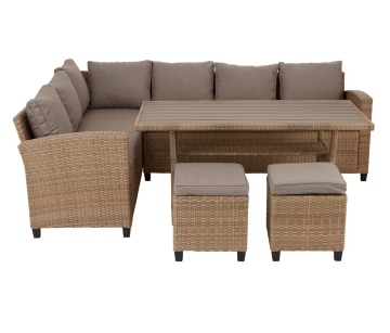 Ambia Garden set mobilier gradina colt L 179x236cm, masa, 2 taburete, 7+4 perne, cadru otel, Maro deschis - Verificat A · Re-Bloom