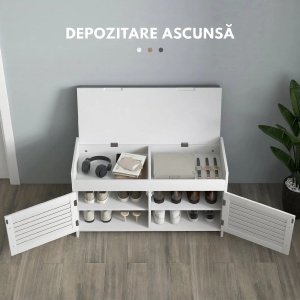 Banca pantofi cu raft reglabil 3 niveluri, MDF/textil in, 90x36x50cm, Alb/Gri - Verificat A · Re-Bloom - Img 4