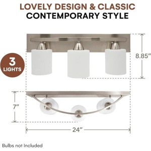 Bara de iluminat interior pentru baie cu abajur modern din sticla mata, Nichel periat, 3 lumini, E26 100W LED, becuri neincluise, Resigilat, Grad A - Img 4