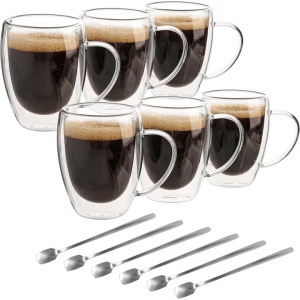 Belle Vous set 6 cani termorezistente sticla borosilicata pereti dubli, 350ml, 9.2x11.5 cm + 6 lingurite metalice 15.2cm, transparent - Verificat A · Re-Bloom - Img 1