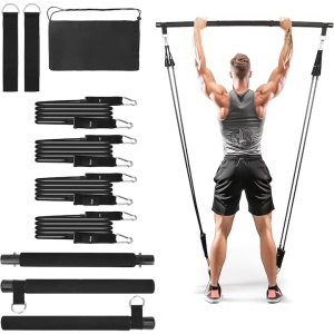 Belle Vous set Pilates bara 92 cm, 4 benzi de rezistenta 18-23 kg, 2 curele picioare, geanta transport 20x40 cm, otel/latex, negru - Verificat A · Re-Bloom