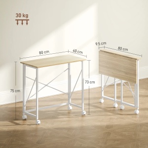 Birou pliabil cu roti si frana, MDF, blat stejar/picioare albe, 80x40x75cm - Verificat A · Re-Bloom - Img 3