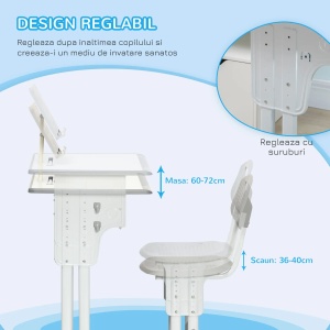 Birou scolar cu scaun reglabil si lampa Re-Bloom, PP/MDF/otel, masa 60x45x90-102 cm + scaun 40x36x70-74 cm, raft+pupitru incluse, varsta 6-12 ani, 80/100 kg, gri - Verificat A · Re-Bloom - Img 6