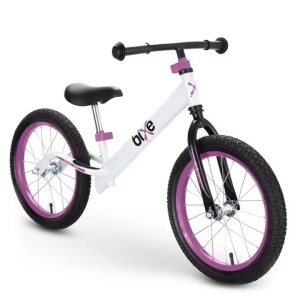 Bixe bicicleta fara pedale, cadru aluminiu, roti 16 inch, anvelope pneumatice, varsta 5-9 ani, alb/mov - Verificat A · Re-Bloom