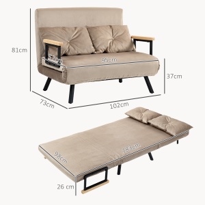 Canapea extensibila 2 locuri Re-Bloom, catifea poliester/otel/burete/lemn, 102x73x81 cm, pat 183x98.5x26 cm, spatar 5 niveluri, 2 perne incluse, 120 kg, maro deschis - Verificat A · Re-Bloom - Img 2