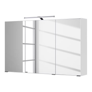 Cardiff dulap baie oglinda LED, 100x64x20 cm, 3 usi oglinda, 6 rafturi sticla, 300 lm, PAL alb, manere crom - Verificat A · Re-Bloom