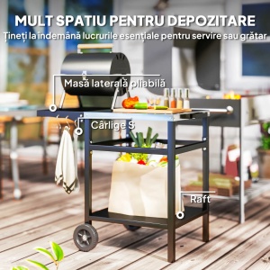 Carucior gratar cu blat otel inoxidabil, raft pliabil, roti, 91x58x76cm, Negru/Argintiu - Verificat A · Re-Bloom - Img 6
