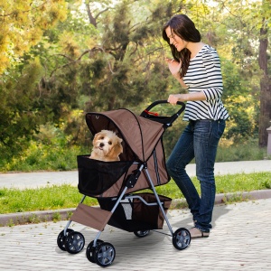 Carucior pliabil caini/pisici max 10 kg, 75x45x97 cm, acoperis retractabil, plasa nylon, cos depozitare, otel/Oxford, maro - Verificat A · Re-Bloom - Img 2