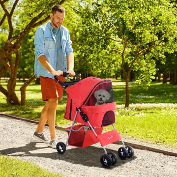 Carucior pliabil pentru animale de companie 75x46x94 cm, cadru fier, tesatura Oxford, cos depozitare, capacitate 10 kg, rosu - Verificat A · Re-Bloom - Img 2
