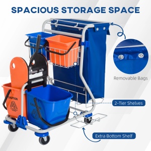 Carucior profesional pentru curatenie, cu 4 galeti, storcator si mop, metal/polipropilena/textil, portocaliu/albastru/gri, 93 x 80 x 97 cm, Resigilat, Grad A - Img 3