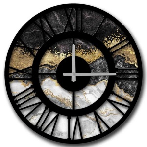 Ceas decorativ de perete MDF, diametru 50 cm, gri/auriu/negru - Verificat A · Re-Bloom