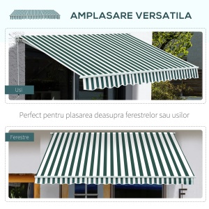 Copertina de soare cu brate reglabile si manivela, aluminiu/poliester, 295cm latime, extensie max 250cm, rola aluminiu 6cm, bara torsiune otel 35x35mm, verde/alb - Verificat A · Re-Bloom - Img 5