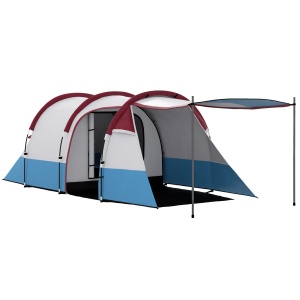 Cort camping 2-3 persoane 420x150x200 cm, 2 camere, impermeabil 2000mm, stalpi fibra de sticla, 3 usi, rosu/albastru/alb - Verificat A · Re-Bloom