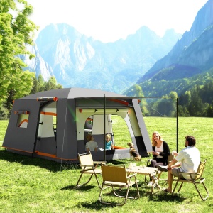 Cort de camping Re-Bloom, poliester/fibra sticla/PE, 430x305x195 cm, 2 camere + veranda, impermeabil UPF30+, 12 cuie + 8 franghii + geanta transport incluse, gri/portocaliu - Verificat A · Re-Bloom - Img 3