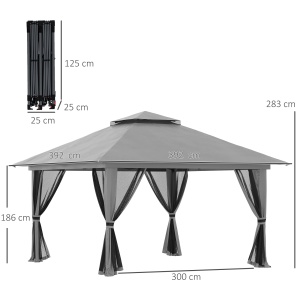 Cort foisor pliabil cu inaltime ajustabila, metal/Oxford/nailon, 392x392x283 cm, streasina 186cm, spatiere coloane 300x300cm, pliat 25x25x125cm, pereti plasa 300x200cm, 4 saci greutate inclusi, gri inchis - Verificat A · Re-Bloom - Img 3